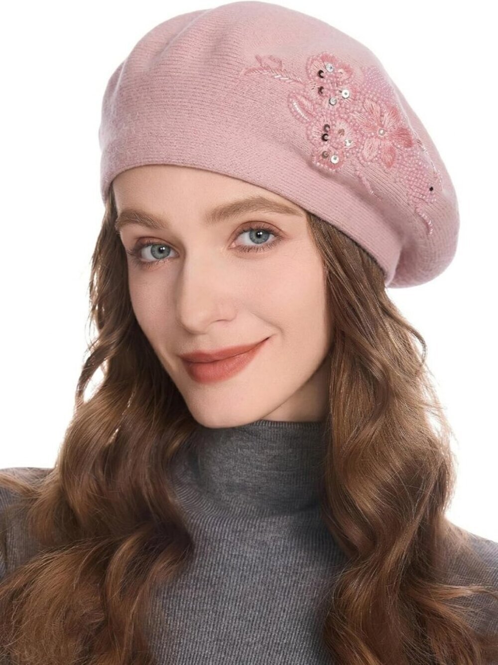 Women's French Beret Hat Reversible Knitted Thickened Warm Cap Flower Pink